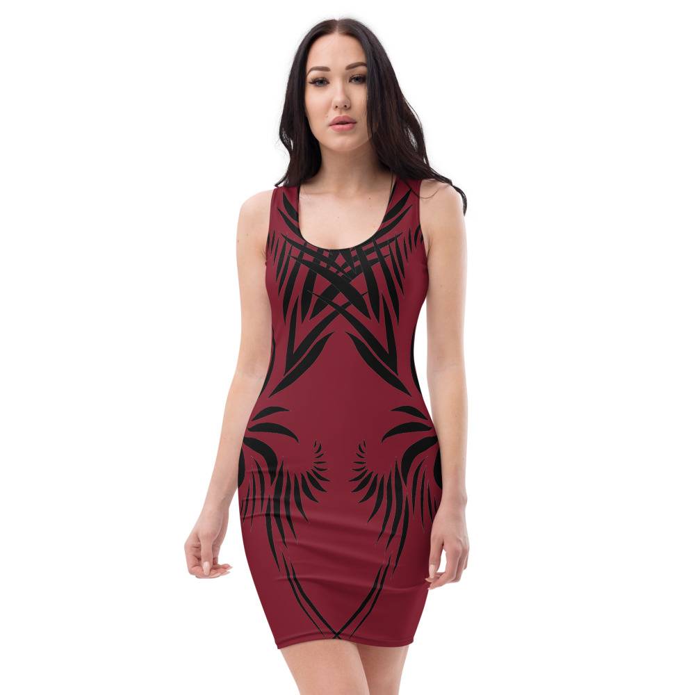 Bodycon dress Jurk Power UP voorkant : front 2 : warm rood zwart : warm red black