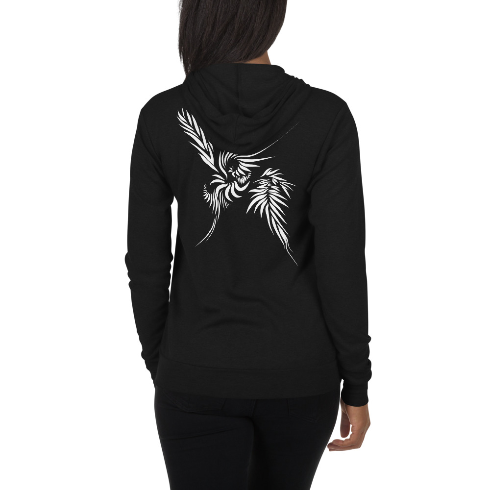 Unisex Hoodie rits Power Up : achterkant : back 1 : zwart wit -black white