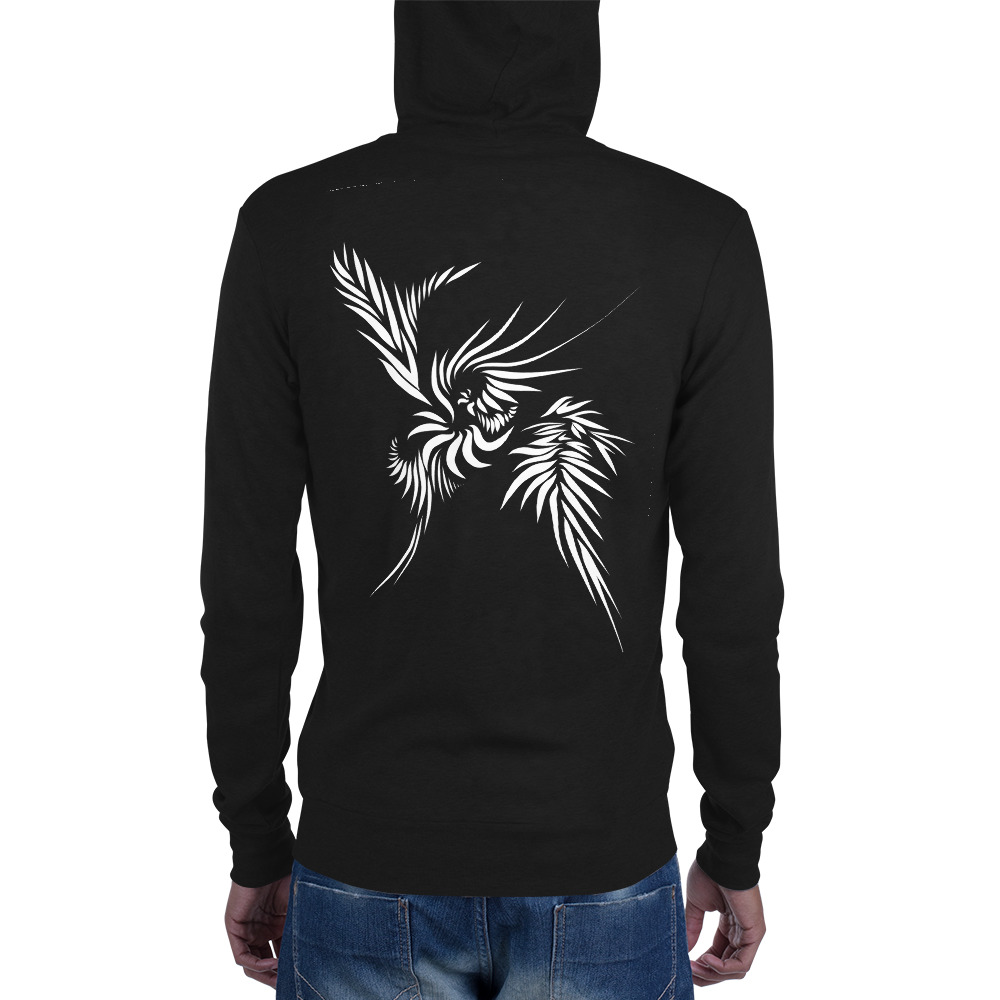 Unisex Hoodie rits Power Up : achterkant : back 3 : zwart wit -black white