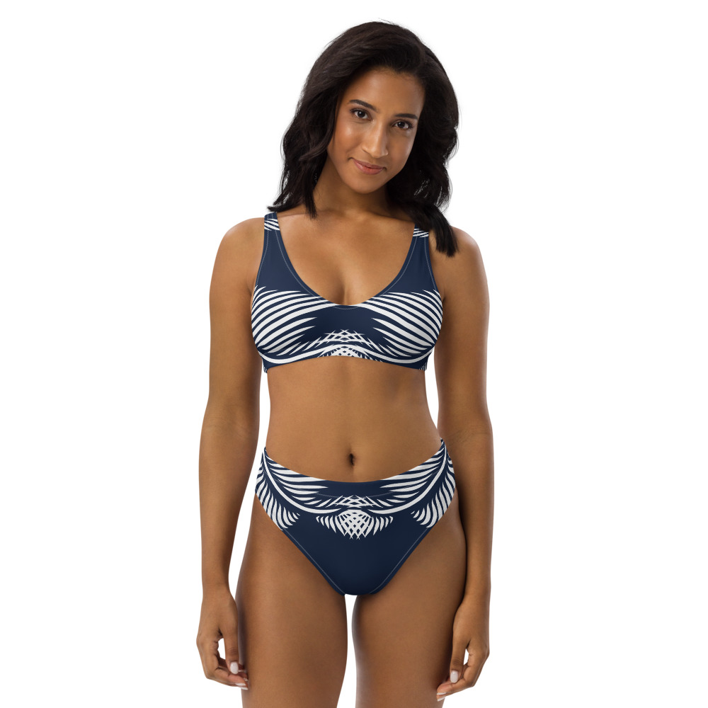 Recycled Bikini design Lines 4 Peace : marine blauw wit : navy blue white : voorrkant front 1