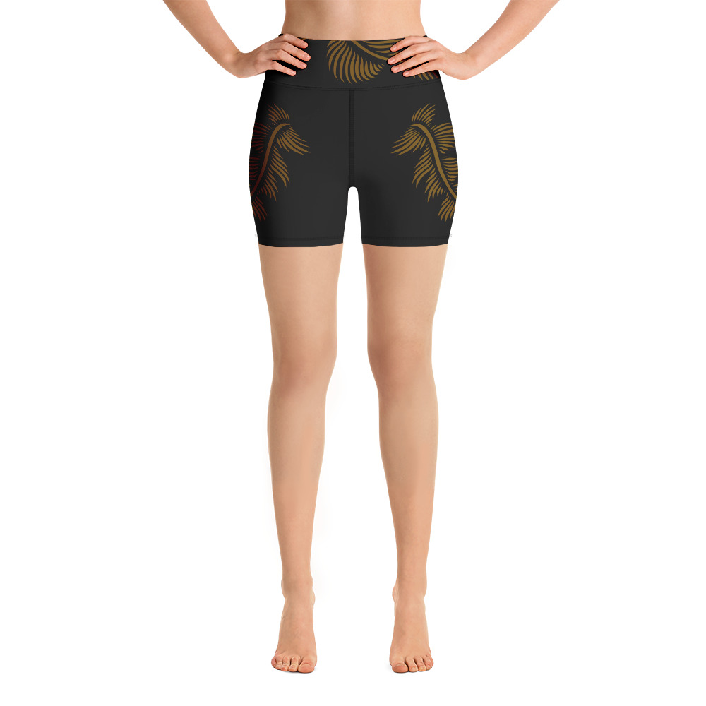 Yoga Sport Short design Lines 4 Peace : zwart hazelnoot bruin - black hazelnut brown : voorkant front 1 Authentieke duurzame Sport Shorts met hoge taille